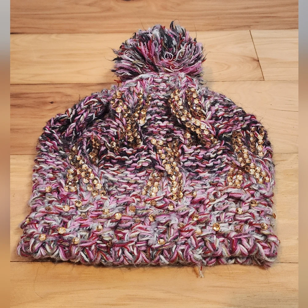 Multicolor Knit Beanie with Pom Pom And Jewels